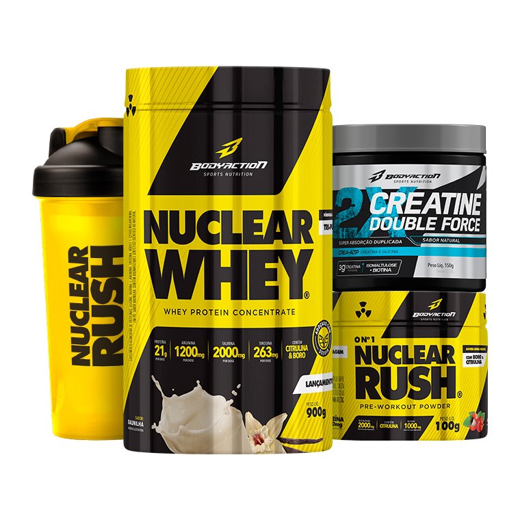 Nuclear Whey + Creatina Double 150g + Coqueteleira Nuclear + Nuclear Rush